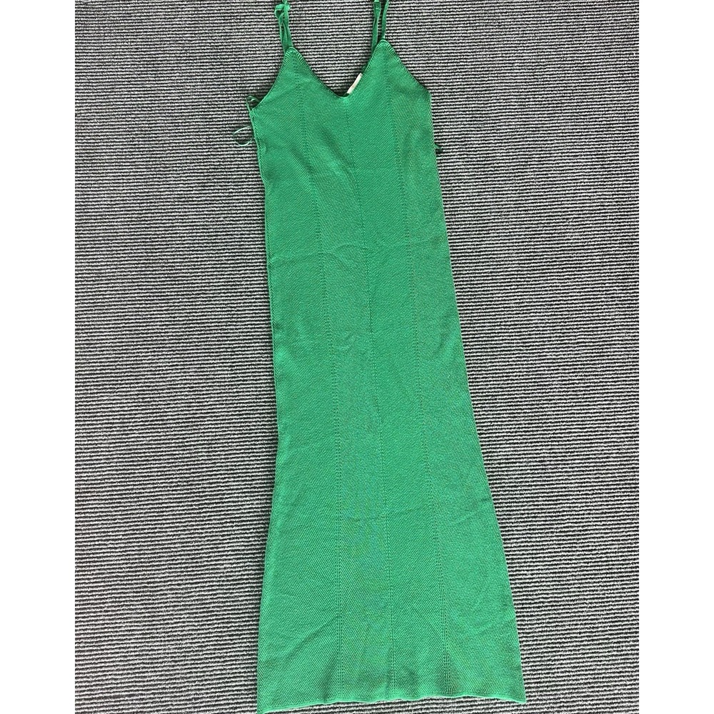 Green Knit V-Neck Spaghetti Strap Ribbed Maxi Dress Sleeveless Summer Dress